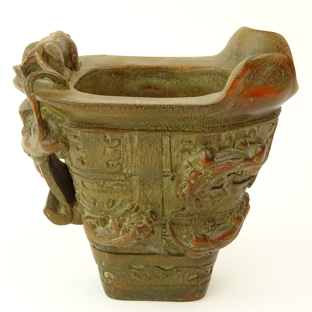 Chinese Carved Bamboo Libation Cup with Relief Chilong Decoration