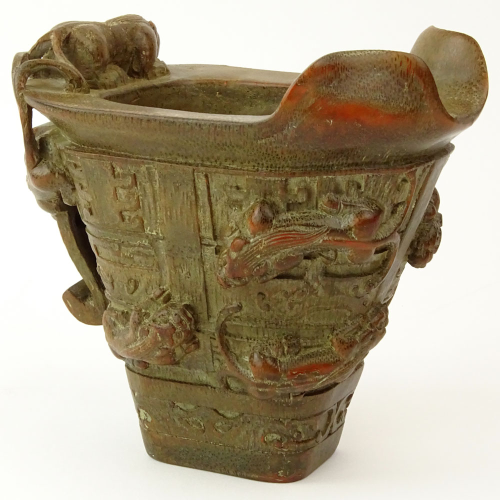 Chinese Carved Bamboo Libation Cup with Relief Chilong Decoration