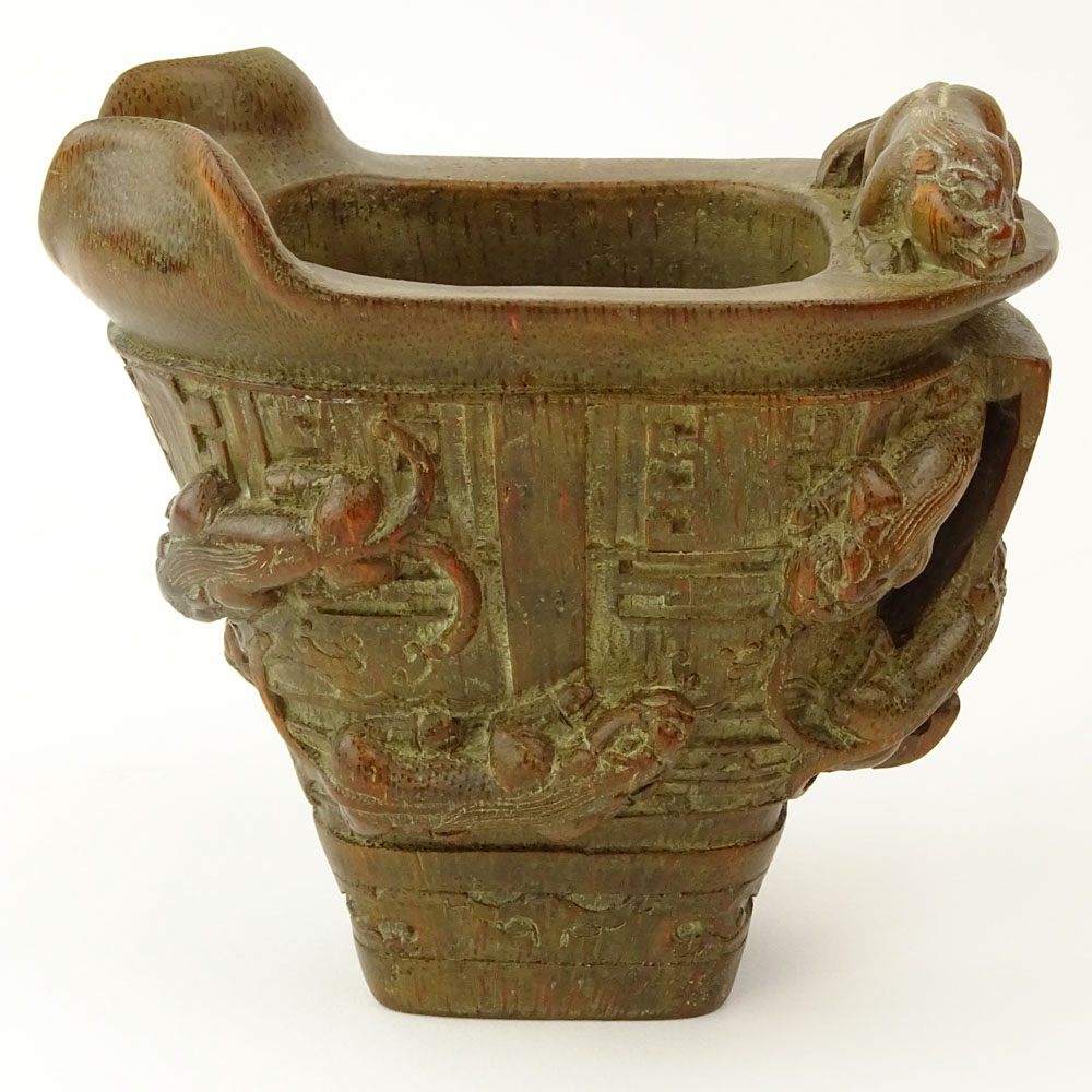 Chinese Carved Bamboo Libation Cup with Relief Chilong Decoration