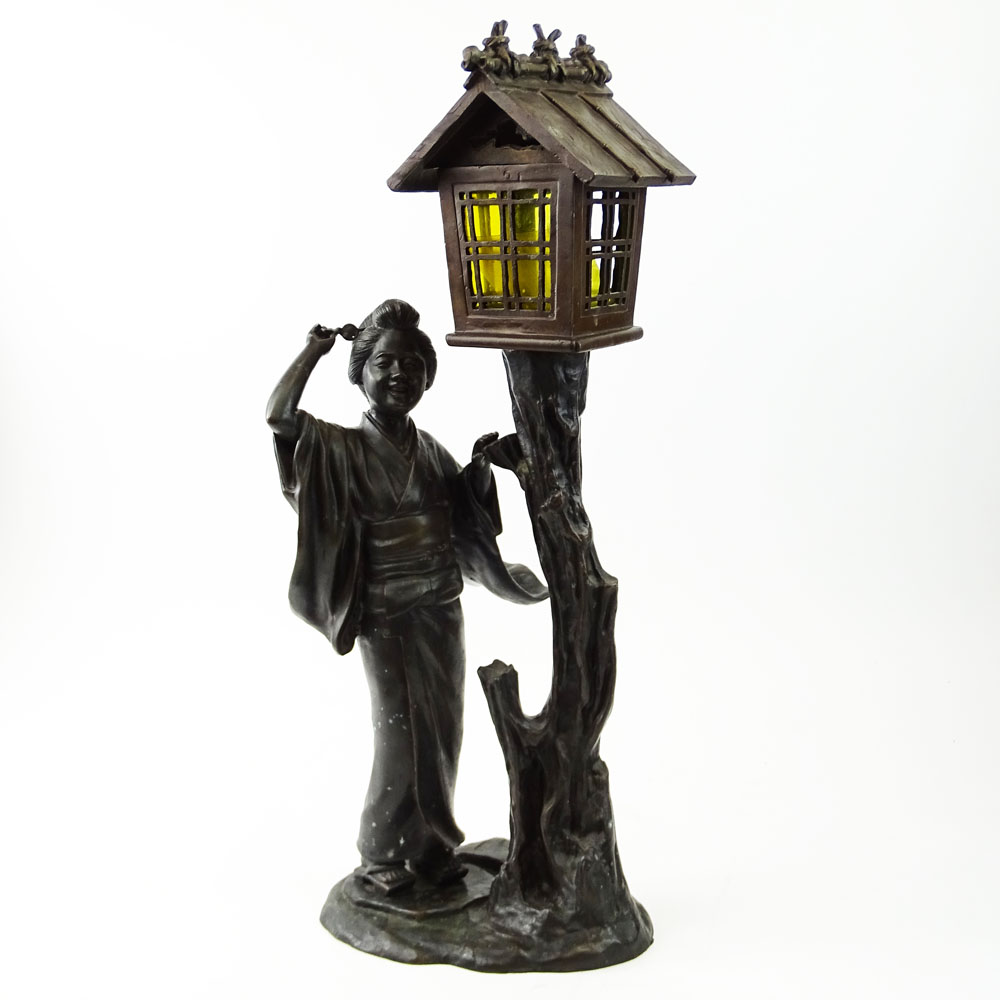 Early to Mid 20th C Japanese Bronze Figural Lamp