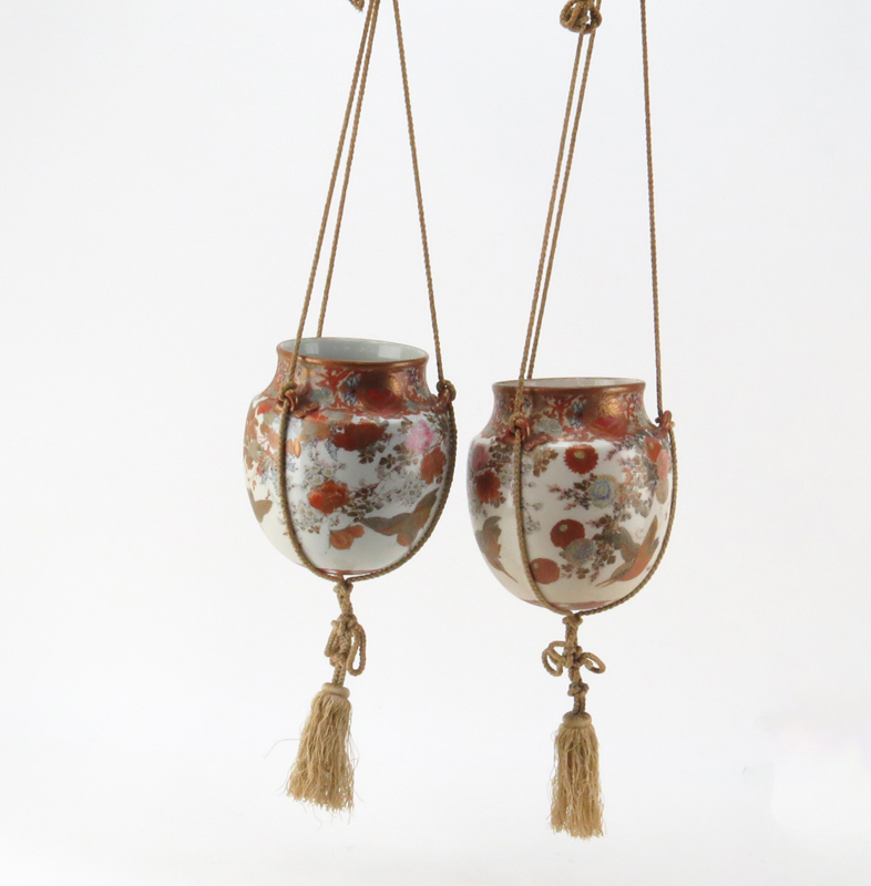 Pair of 19th Century Japanese Kutani Porcelain Hanging Planters