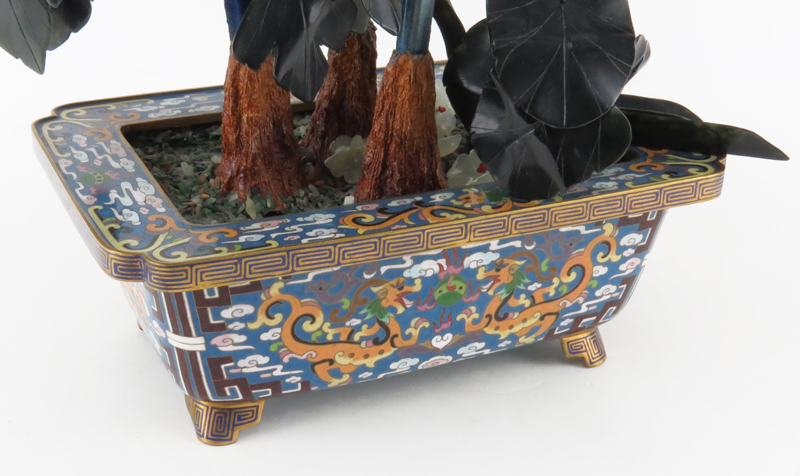 Large 20th Century Chinese  Hardstone Ming Tree in Cloisonné Enamel Jardinière