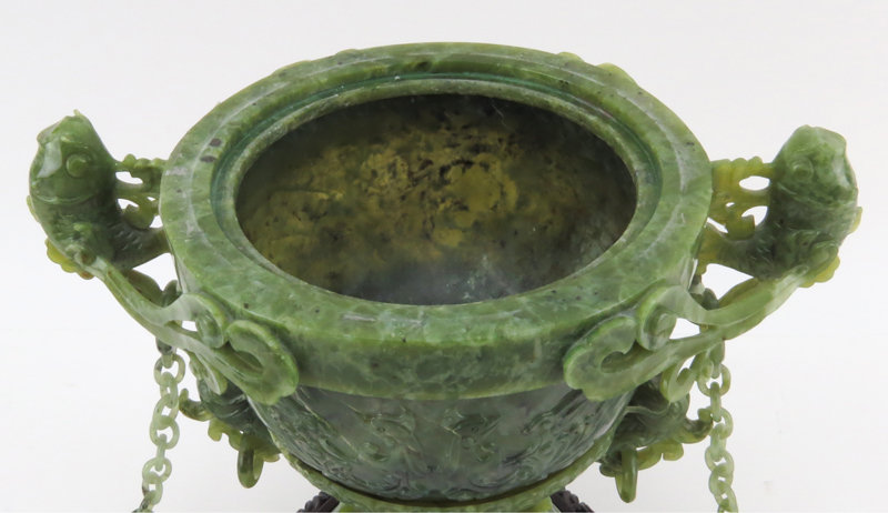 Chinese Carved Jade Censer with Card Handles, Finial and Side Figures, Wood bases