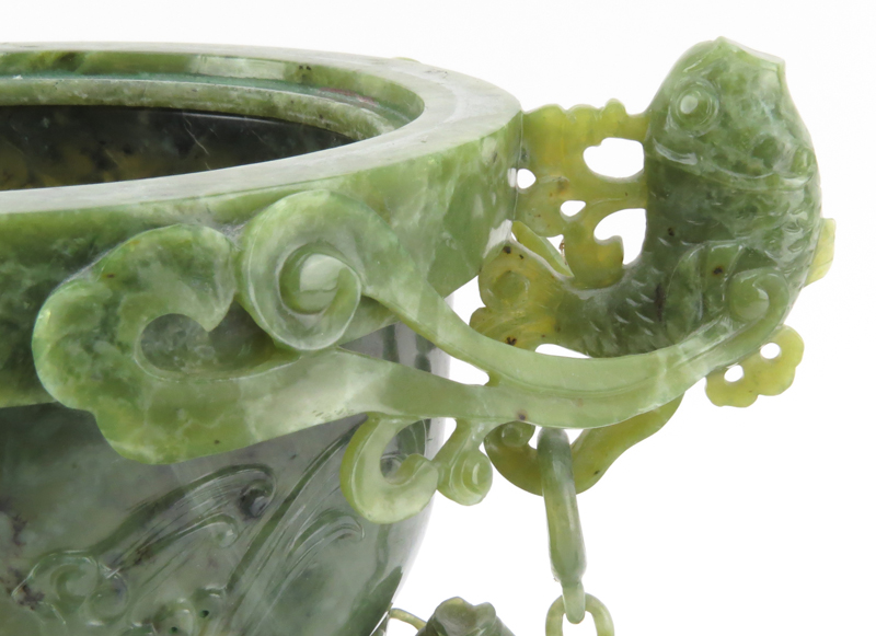 Chinese Carved Jade Censer with Card Handles, Finial and Side Figures, Wood bases