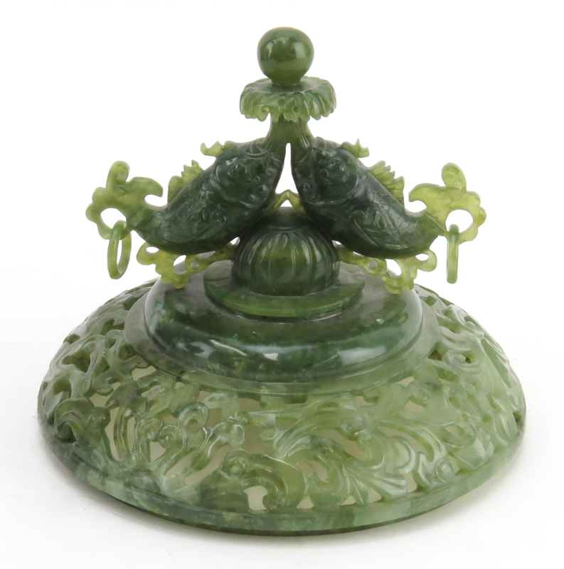 Chinese Carved Jade Censer with Card Handles, Finial and Side Figures, Wood bases