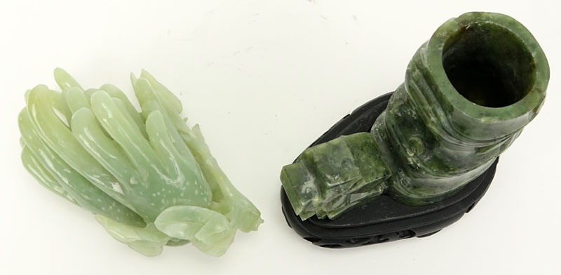 Two (2) Piece Chinese Carved Jade Lot including a Figural Bamboo Vase on Wood Base and a Figural Buddha's Hand