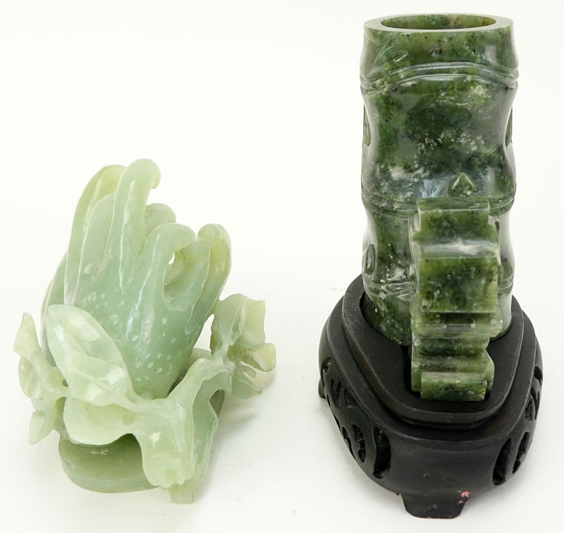 Two (2) Piece Chinese Carved Jade Lot including a Figural Bamboo Vase on Wood Base and a Figural Buddha's Hand