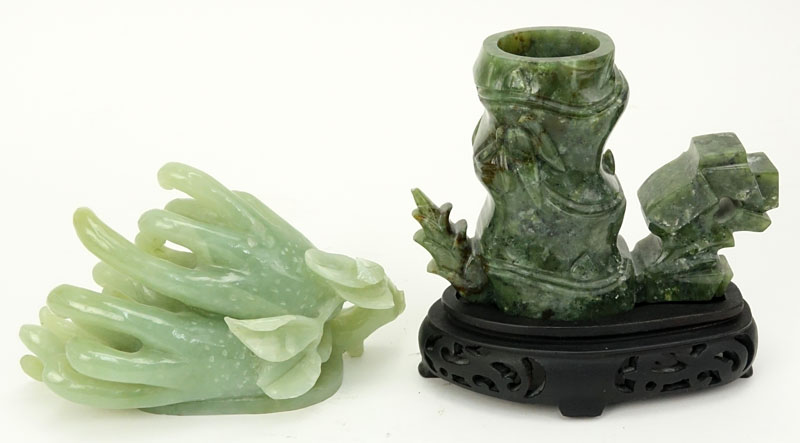 Two (2) Piece Chinese Carved Jade Lot including a Figural Bamboo Vase on Wood Base and a Figural Buddha's Hand