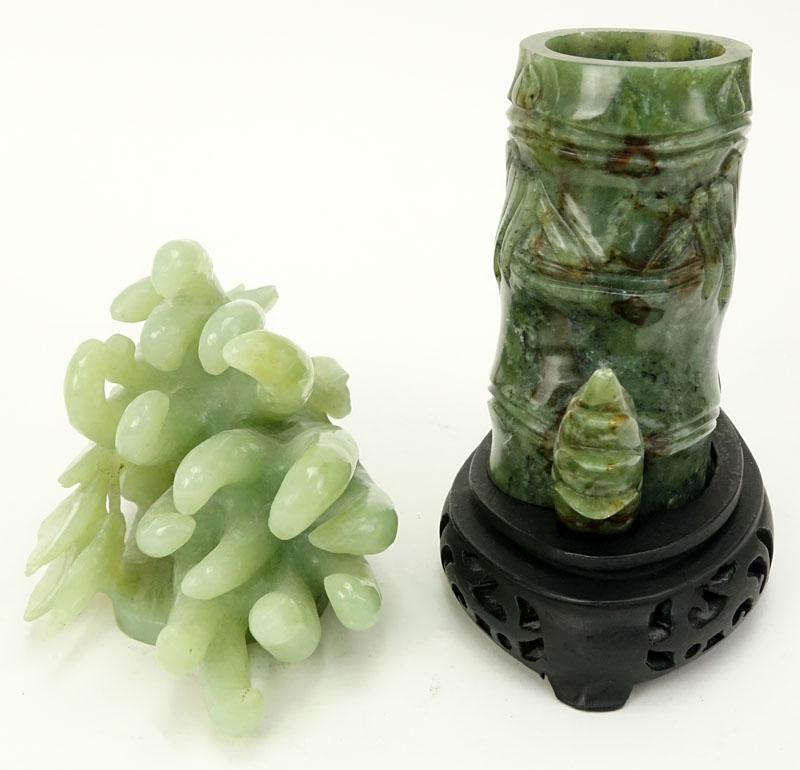 Two (2) Piece Chinese Carved Jade Lot including a Figural Bamboo Vase on Wood Base and a Figural Buddha's Hand