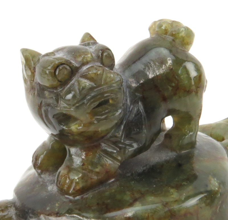 Chinese Carved Jade Censer with Dragon Head Ring Handles and Foo Lion Finial on carved wood base