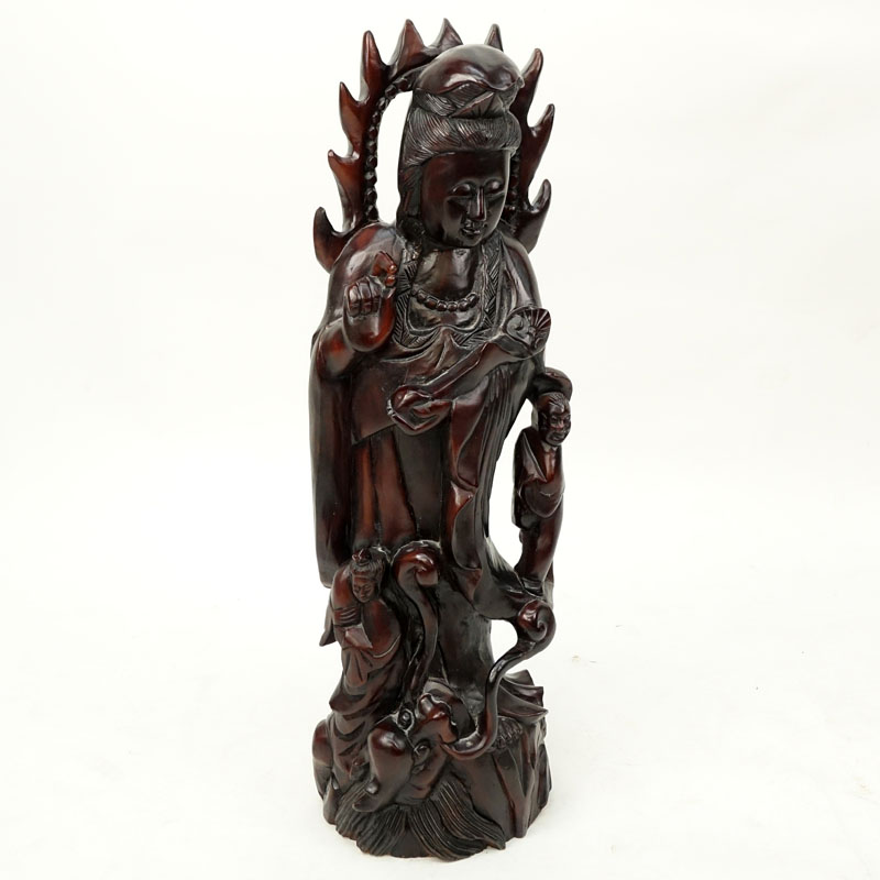 Large Modern Chinese Carved Wood Guanyin Figure with Attendants and Dragon to Base