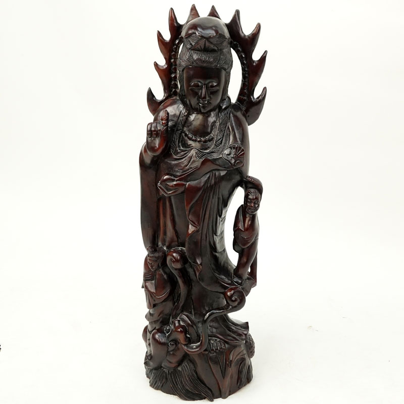 Large Modern Chinese Carved Wood Guanyin Figure with Attendants and Dragon to Base