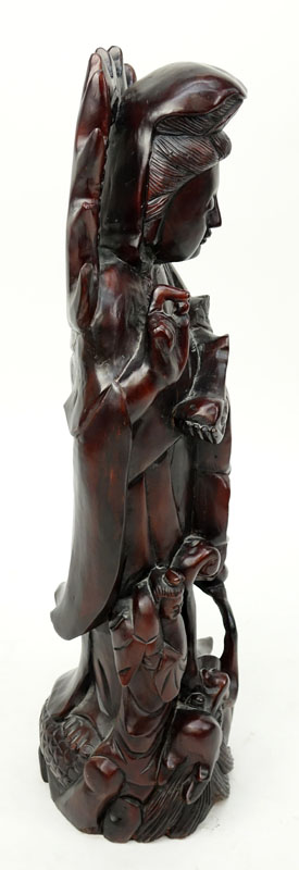 Large Modern Chinese Carved Wood Guanyin Figure with Attendants and Dragon to Base