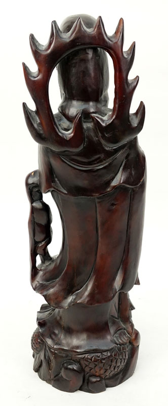 Large Modern Chinese Carved Wood Guanyin Figure with Attendants and Dragon to Base