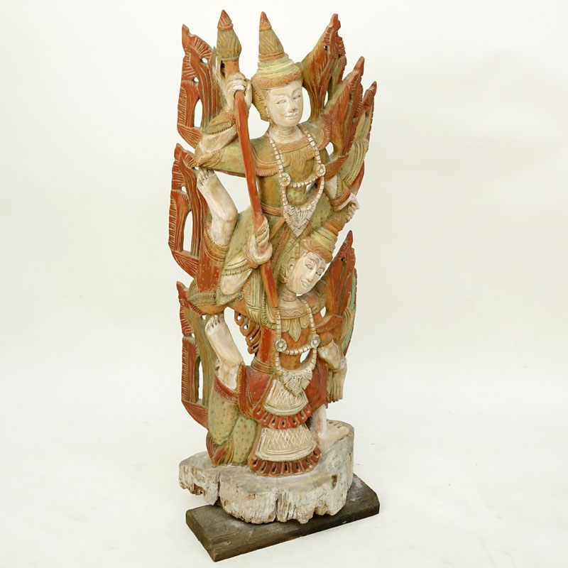 Modern Thai Wood Carving on Wood Base, Dancers