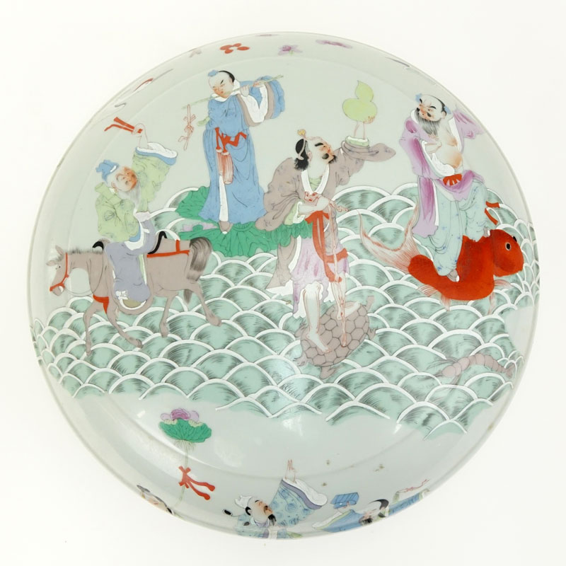 20th Century Japanese Porcelain Covered Box with Painted Immortals and Cranes Motif