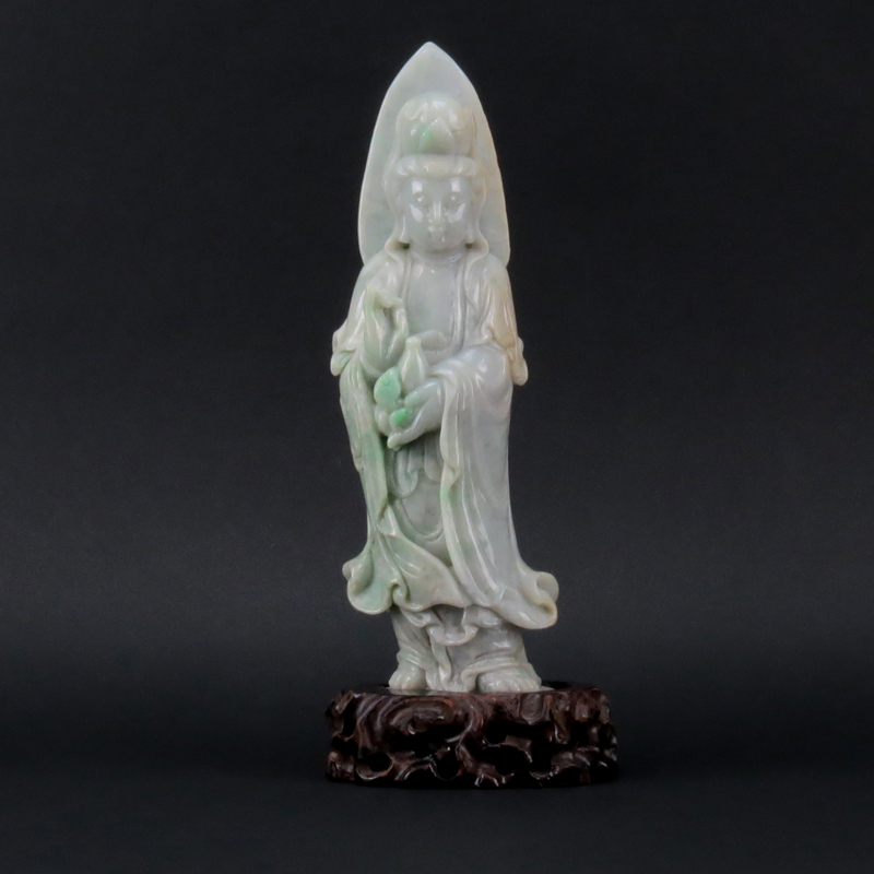 Antique Chinese Carved Light Green Jade Guanyin Sculpture on Wooden Base