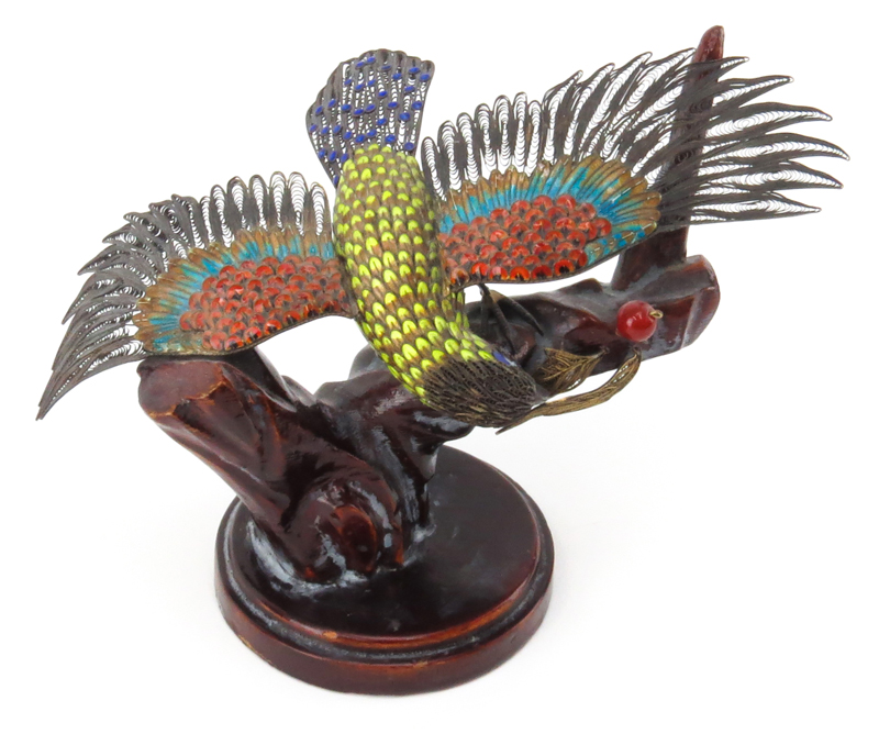 Collection of Two (2) Chinese Silver and Enamel Bird Figurines on Wooden Tree Stand