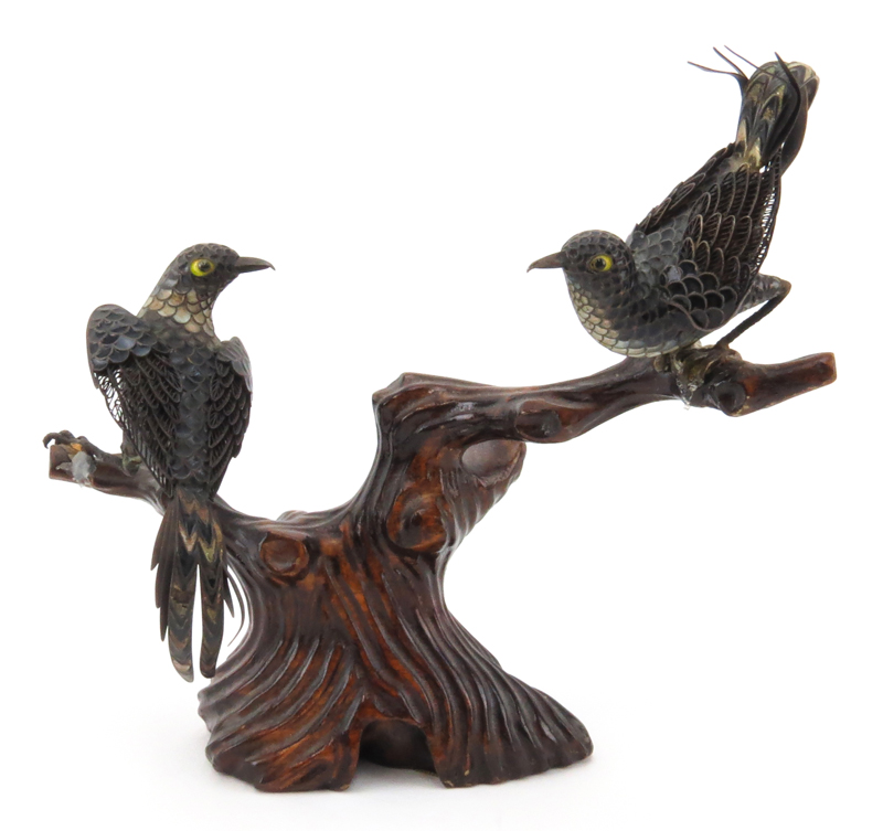 Collection of Two (2) Chinese Silver and Enamel Bird Figurines on Wooden Tree Stand