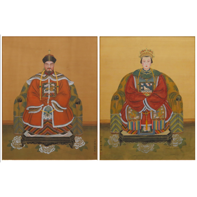 Pair of 20th Century Chinese Emperor and Empress Silk Paintings