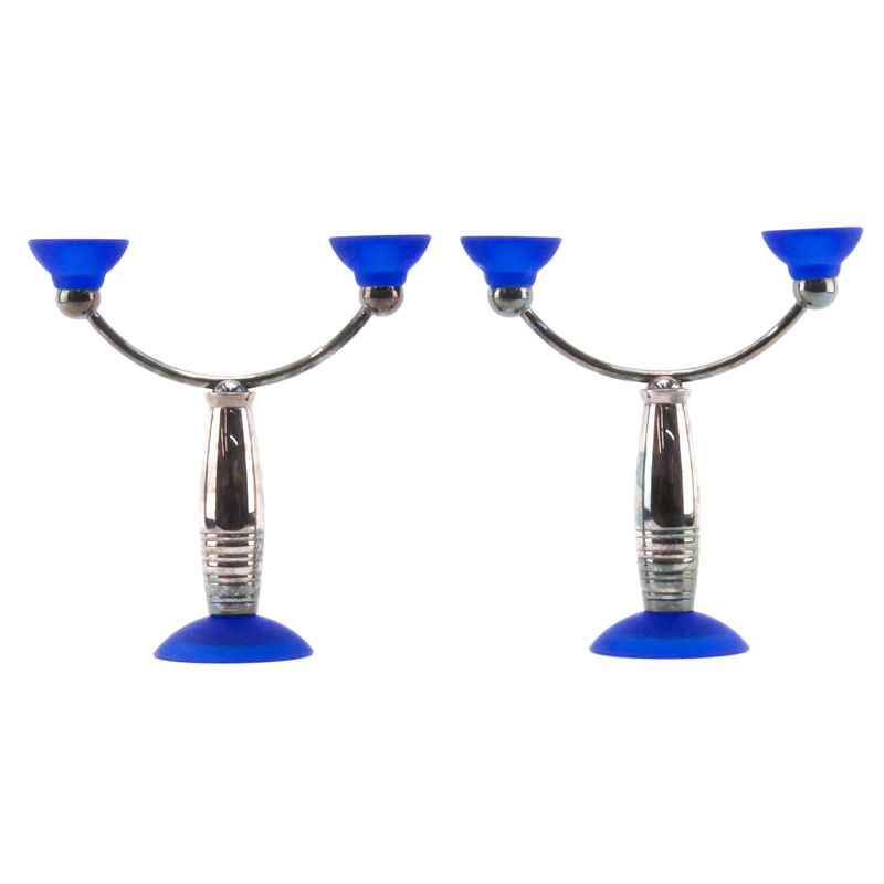 Christofle Art Deco Silver Plate and Cobalt Blue Glass Candlesticks