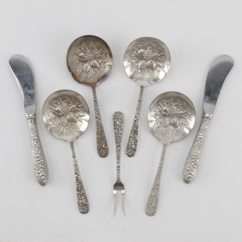 Seven (7) Piece Sterling Silver Repousse Serving Pieces