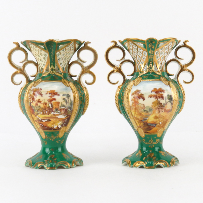 Pair Hand Painted Continental Reticulated Porcelain Vases