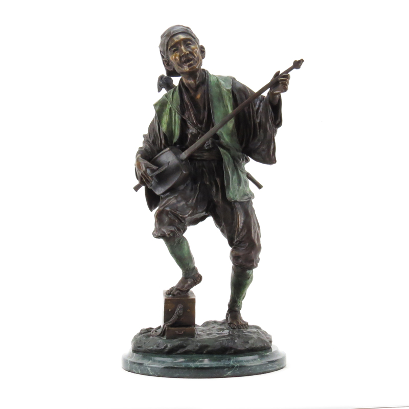 Vintage Bronze Figure on Marble Base, Japanese Man Playing Shamisen