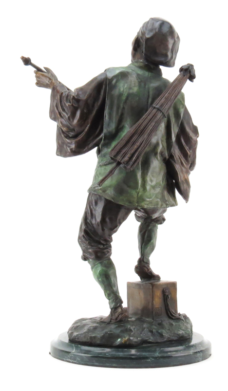 Vintage Bronze Figure on Marble Base, Japanese Man Playing Shamisen