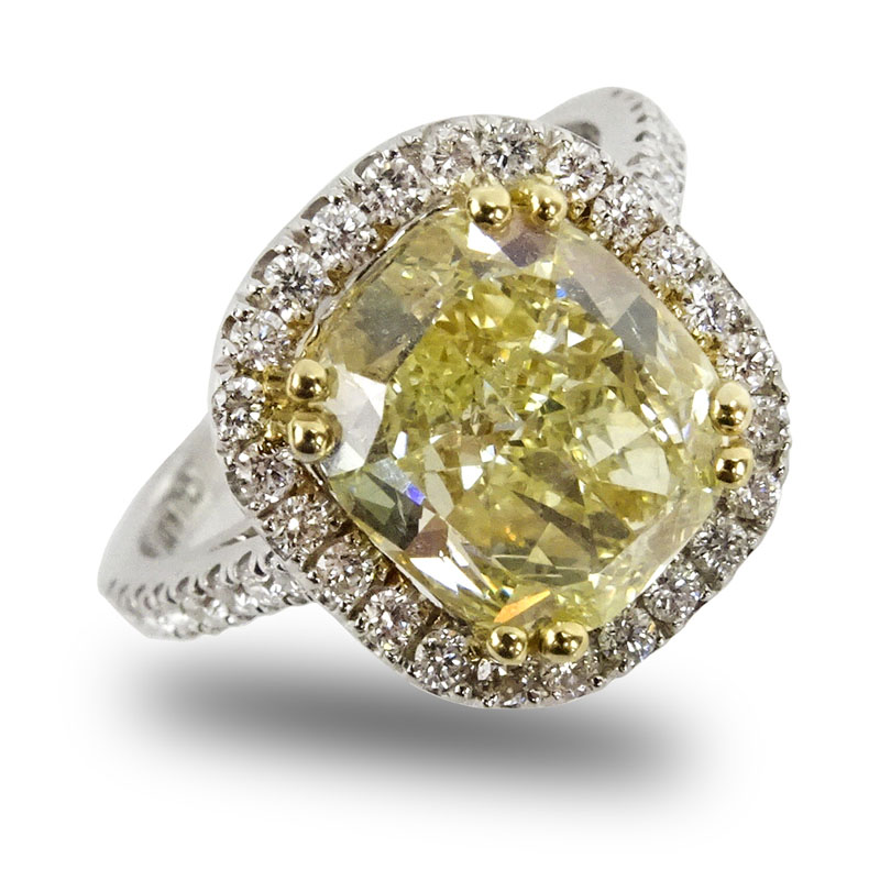 GIA Certified 4.01 Carat Cushion Cut Fancy Light Yellow Diamond and 18 Karat White Gold Engagement Ring