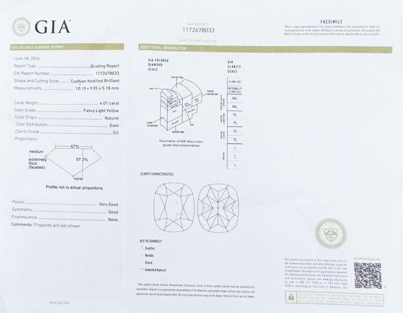 GIA Certified 4.01 Carat Cushion Cut Fancy Light Yellow Diamond and 18 Karat White Gold Engagement Ring