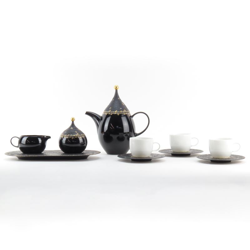 Bjorn Wiinblad for Rosenthal, Germany ten (10) Piece Porcelain Coffee  Service in the Die Zauberflotek Pattern Including: Coffee Pot, Covered Sugar, Cream, Tray and Three Coffee Cups with saucers