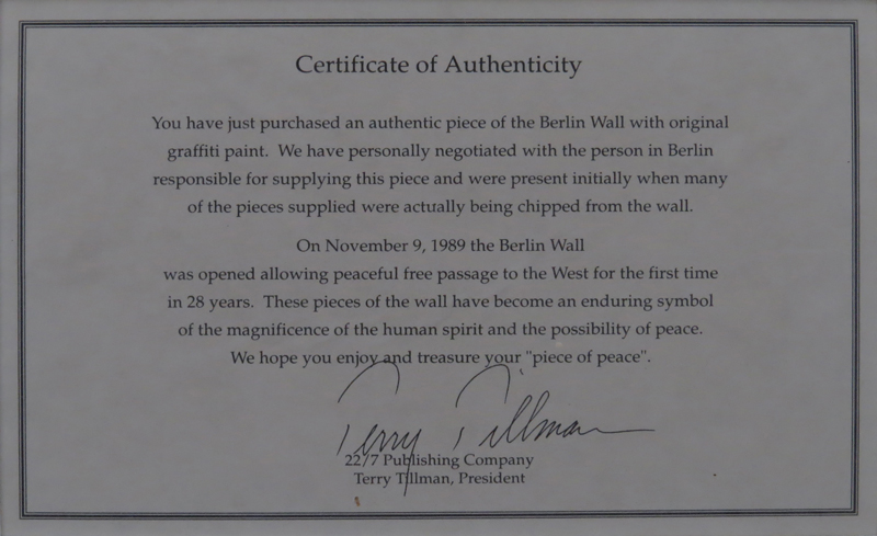 Berlin Wall Fragment With COA