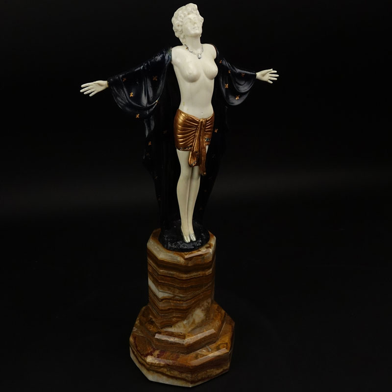 After: Ferdinand Preiss, German (1882-1943) "Nude" Painted Bronze and Ivory Figure on Onyx Base