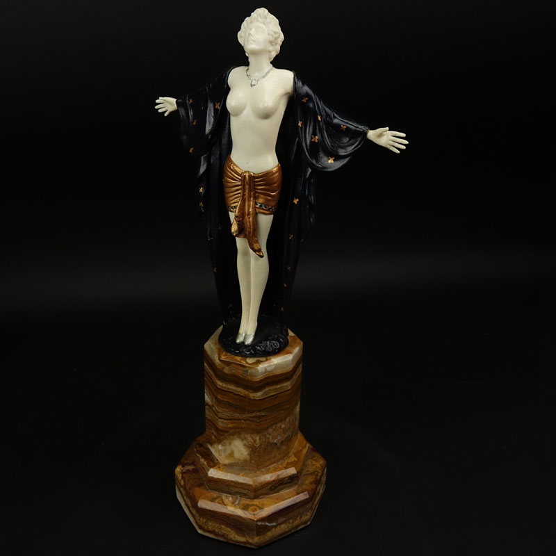 After: Ferdinand Preiss, German (1882-1943) "Nude" Painted Bronze and Ivory Figure on Onyx Base