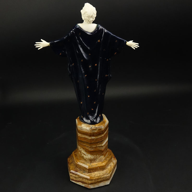 After: Ferdinand Preiss, German (1882-1943) "Nude" Painted Bronze and Ivory Figure on Onyx Base