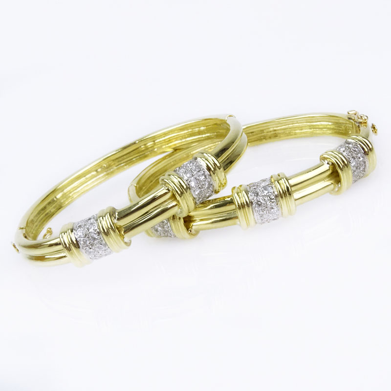 3.50 Carat Round Brilliant Cut Diamond and 18 Karat Yellow Gold Bangle Bracelets.