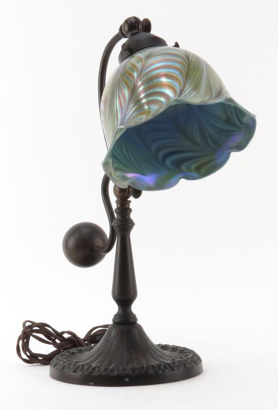 Circa 1980s Bronze Student Lamp with Signed Vandermark Pulled Feather Art Glass Shade