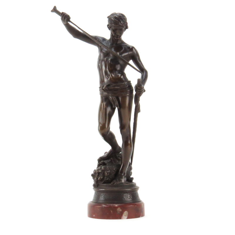 Marius Jean Antonin Mercié, French (1845-1916) Bronze Figurine on rouge marble base "David Le Vainqueur" Signed