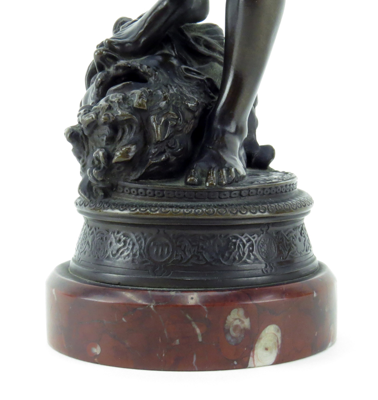 Marius Jean Antonin Mercié, French (1845-1916) Bronze Figurine on rouge marble base "David Le Vainqueur" Signed