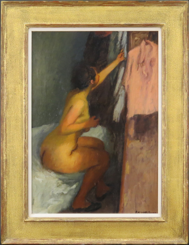 Raphael Soyer, American (1899-1987) Oil on Canvas "Interior with Nude" Signed Lower Right