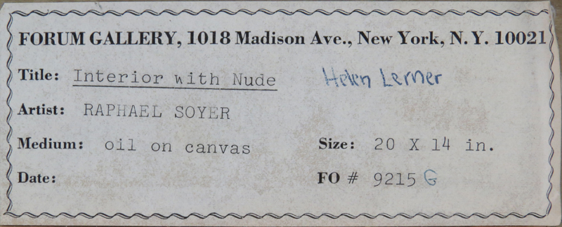 Raphael Soyer, American (1899-1987) Oil on Canvas "Interior with Nude" Signed Lower Right