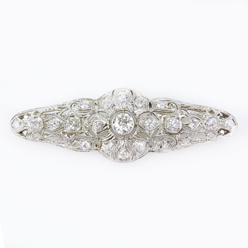 5.0 Carat Old European Cut Diamond and Platinum Bar Brooch.