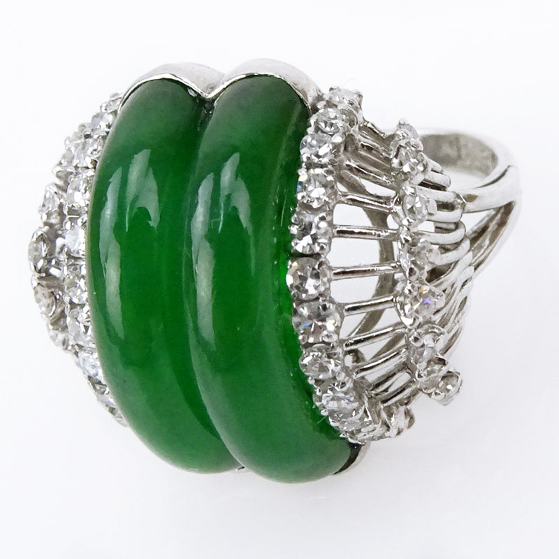 GIA and Mason-Kay Jade Laboratory Inc Certified Natural 'A' Jadeite Jade, Diamond and Platinum Ring