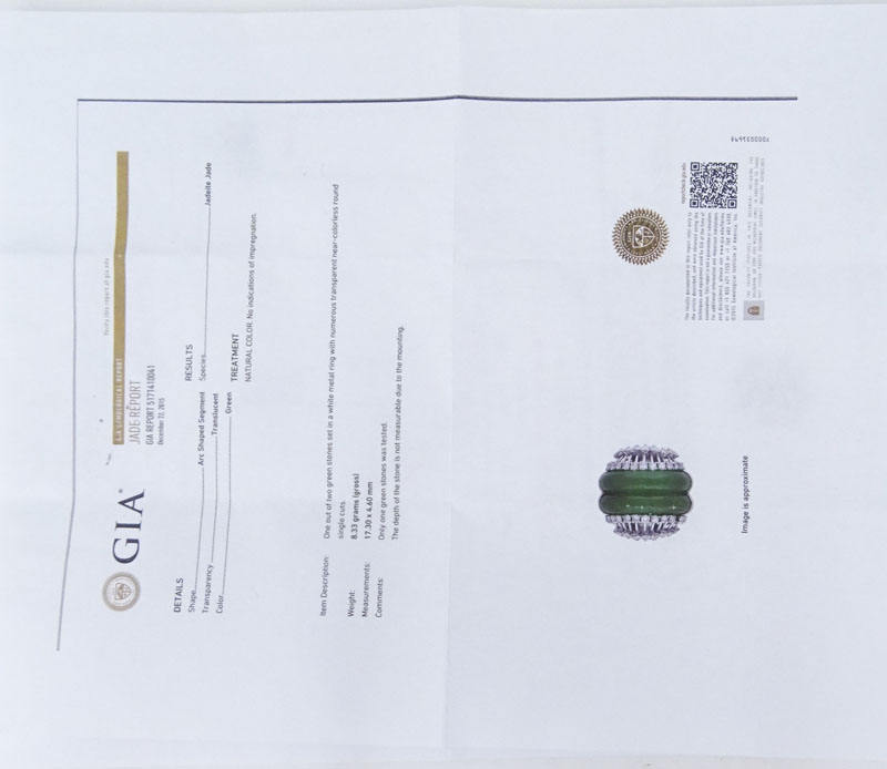 GIA and Mason-Kay Jade Laboratory Inc Certified Natural 'A' Jadeite Jade, Diamond and Platinum Ring