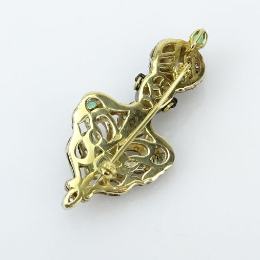 .40 Carat Diamond, .65 Carat Emerald, 18 Karat Yellow Gold and Enamel Pendant Brooch. 