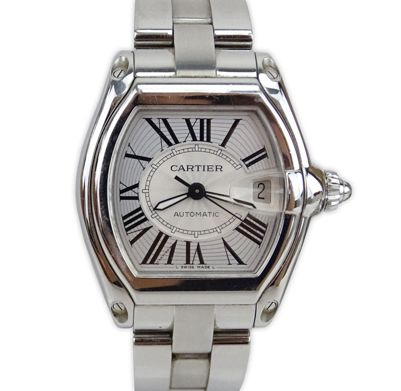 Man's Cartier Roadster 2510 Stainless Steel Bracelet Watch with Automatic Movement and Silver Roman Numeral Dial