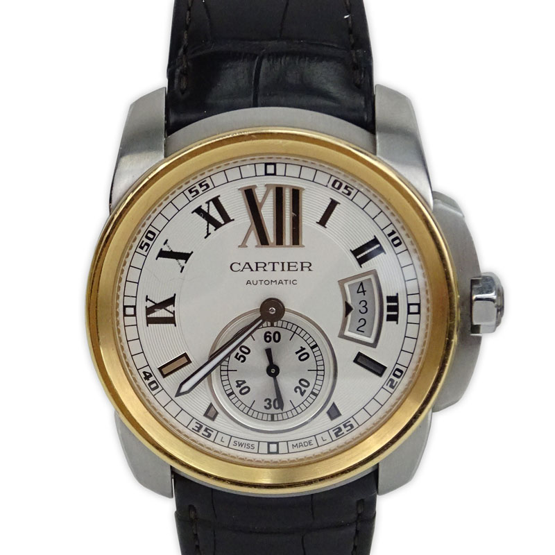 Man's Cartier Calibre 3299 Stainless Steel and 18 Karat Rose Gold Automatic Movement watch with Crocodile Strap