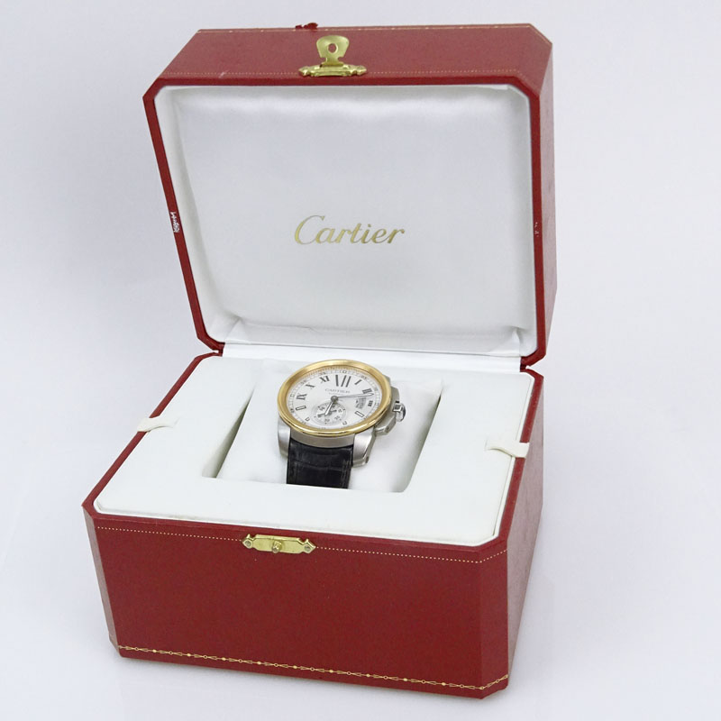 Man's Cartier Calibre 3299 Stainless Steel and 18 Karat Rose Gold Automatic Movement watch with Crocodile Strap