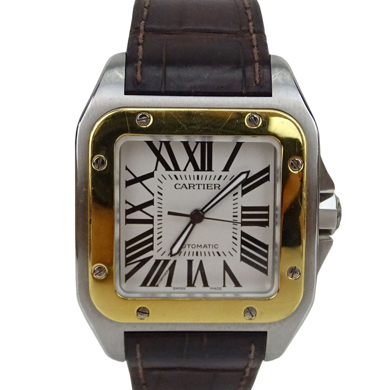 Man's Cartier de Santos 2656 Stainless Steel and 18 Karat Yellow Gold Automatic Movement Watch with Crocodile Strap